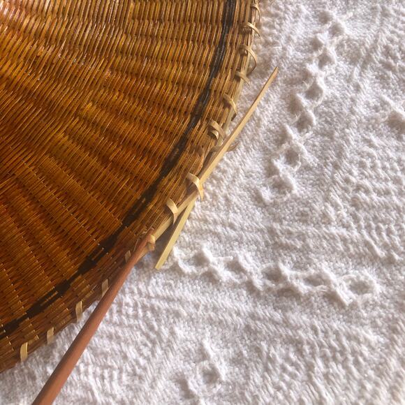 Vintage Handwoven Rattan Wide Brim Conical Sun Hat 5in Boho Basket Weave - Picture 3 of 8
